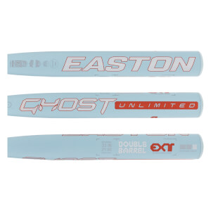 Side barrel views of a light blue bat displaying red and white EASTON and GHOST UNLIMITED branding alongside DOUBLE BARREL and EXT technology logos.