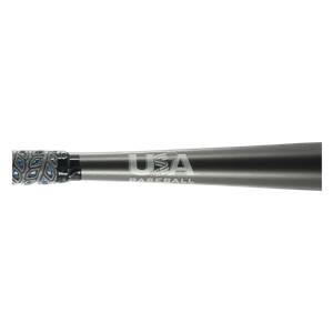 Side view of a gray baseball bat with a blue and black grip and USA BASEBALL text.
