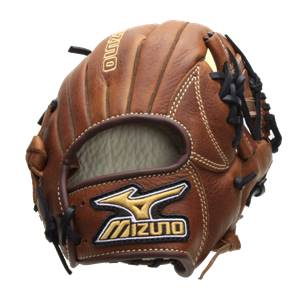 Back view of a brown baseball glove with white stitching and a gold Mizuno logo.