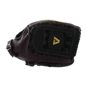 Side view of a dark brown baseball glove with a gold A logo and yellow lettering.