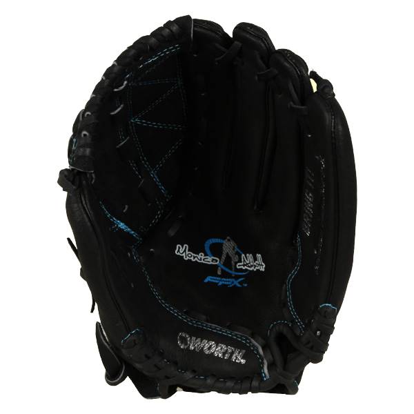 Interior view of a black fastpitch glove with blue stitching, Monica Abbott logo, and WORTH text.