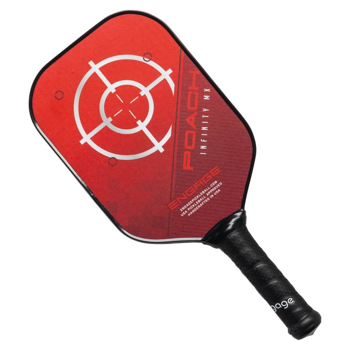 Top-down view of a red pickleball paddle with a white target, POACH INFINITY MX text, and ENGAGE logo.