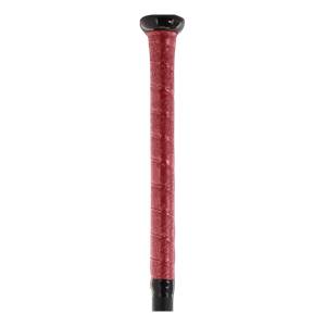 Close-up of a red softball bat grip with a black end cap and textured pattern.