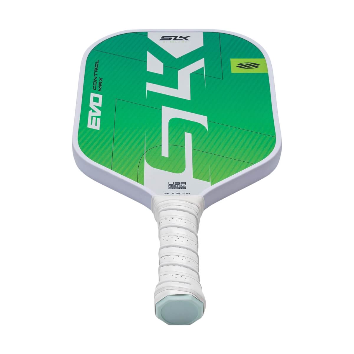 Top-down view of a green and white pickleball paddle with SLK logo and EVO CONTROL MAX text.