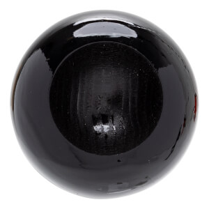 End view of a black baseball bat with a glossy finish and visible wood grain inside the cupped end.