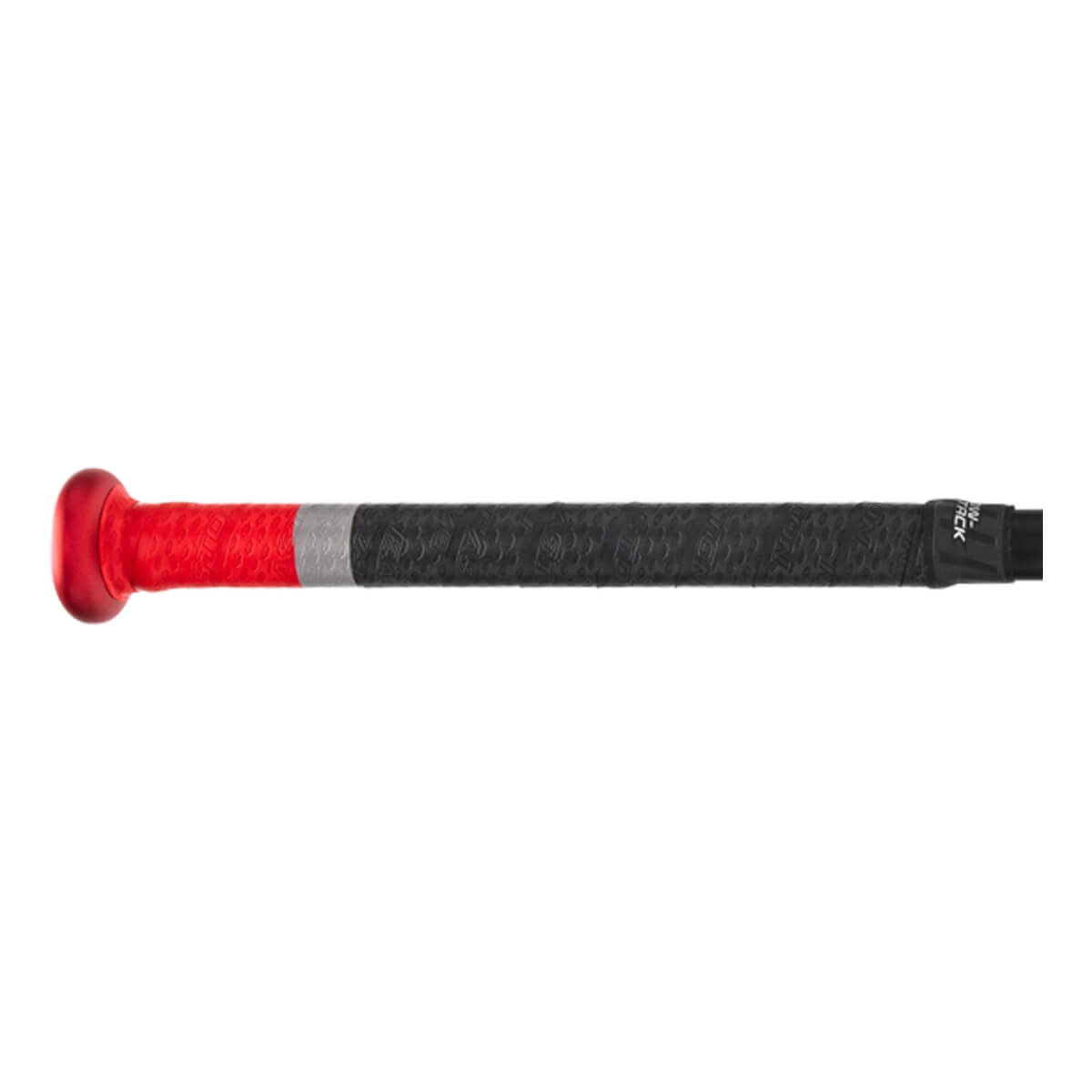 Side view of a baseball bat handle with a red knob, red textured grip, and black textured grip separated by a silver band.