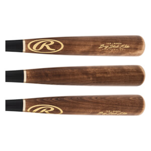 Side view of three brown Rawlings Big Stick Elite birch baseball bats with gold logos and text.