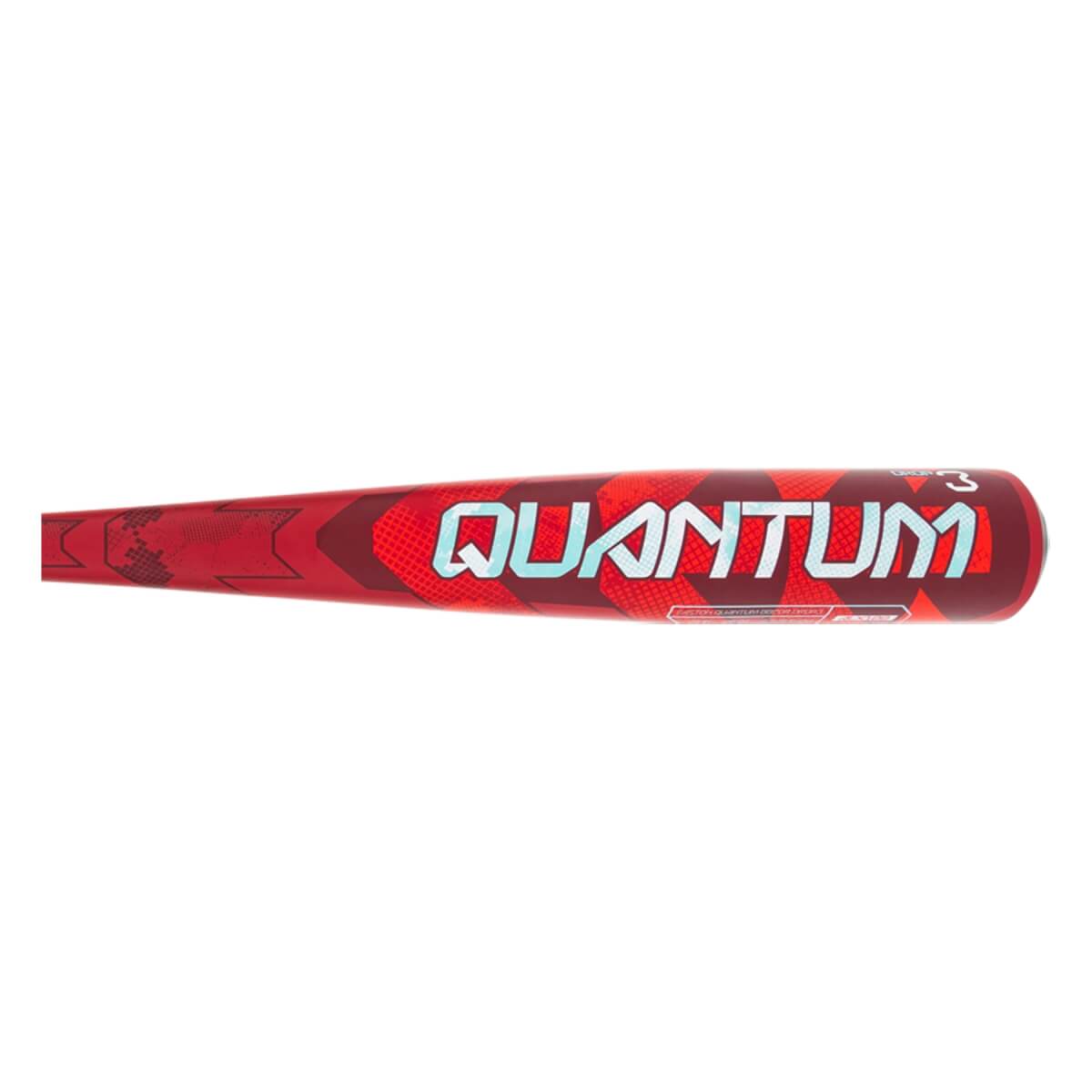 Side view of a red baseball bat with QUANTUM in light blue and geometric patterns.