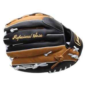 Side view of a black and tan baseball glove with Professional Series in gold script and white lacing.