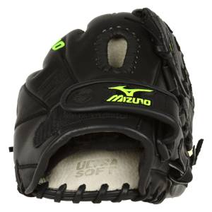 Back view of a black baseball glove with neon green Mizuno logo and ULTRA SOFT text.