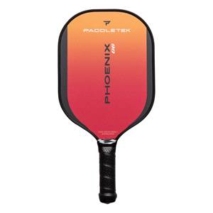 Front view of a red and orange pickleball paddle with PADDLETEK and PHOENIX G6 branding.