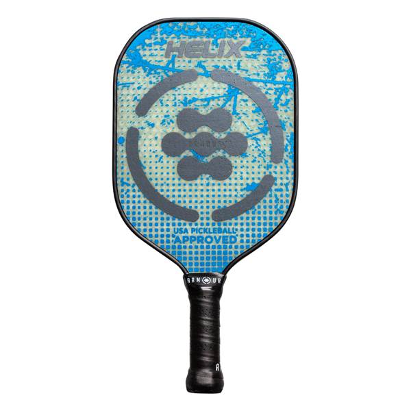 Front view of a blue pickleball paddle with HELIX logo, circular graphic, and USA PICKLEBALL APPROVED text.