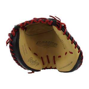 Inside view of a black and tan Rawlings Gamer XLE catchers mitt with red lacing and visible branding.
