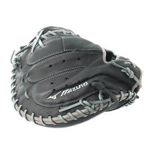Front view of a black catchers mitt with light grey lacing and MIZUNO logo.