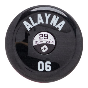 End cap view of a black baseball bat with ALAYNA, 29, 21 OZ, 29 IN, and 06 printed in white.