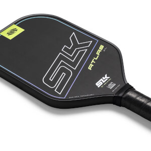Top-down view of a black pickleball paddle with white SLK logo, yellow ATLAS XL text, and a lime green logo.