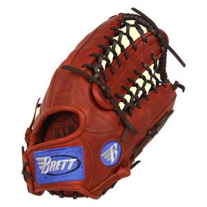 Side view of a brown baseball glove with dark brown lacing and a blue Brett patch.