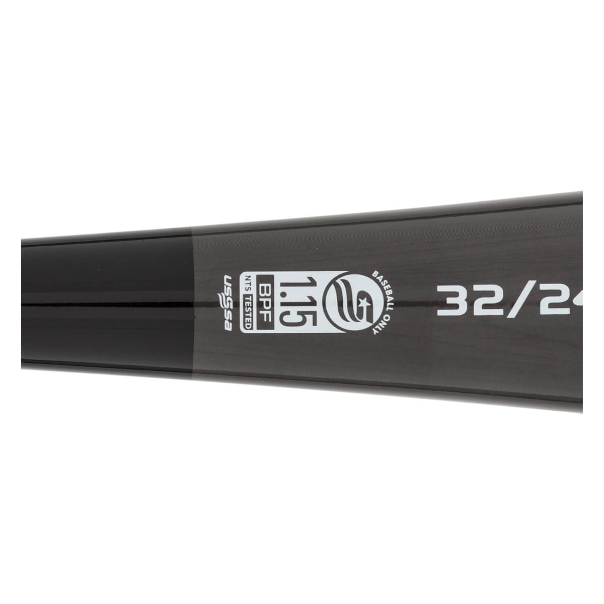 Side view of a black baseball bat with USSSA, BPF 1.15, and 32/24 markings.