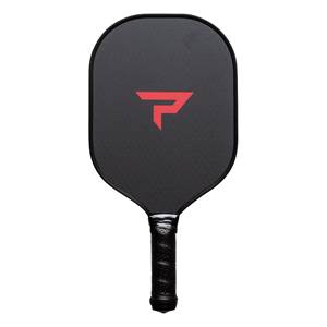 Front view of a black pickleball paddle with a red P logo and textured grip.