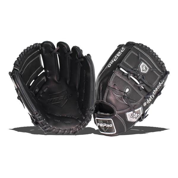 Front view of a black baseball glove with white stitching, PBPRO logo, and #defytheod... text.
