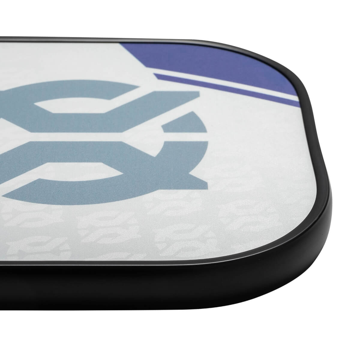 Corner view of a white pickleball paddle with a blue graphic and black edge.