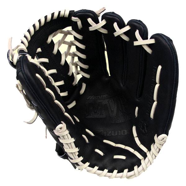 Interior view of a black baseball glove with white lacing and embossed Mizuno MVP Prime logo.