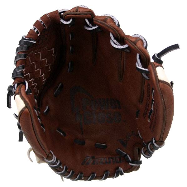 Top-down view of a brown baseball glove with white and black lacing and a Mizuno logo.