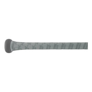 Side view of a gray baseball bat with a textured grip and repeating Marucci branding.