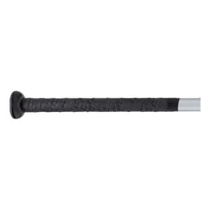 Side view of a black softball bat with a textured grip and silver barrel.
