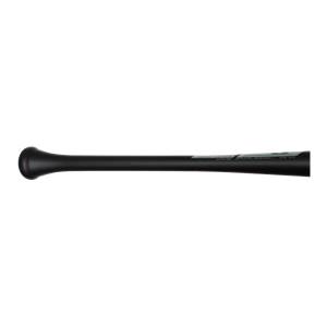 Side view of a black baseball bat with white text and a flared knob.