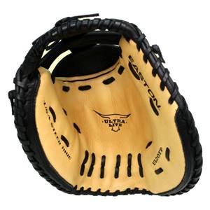 Inside view of a black and tan fastpitch catchers mitt with EASTON, ULTRA LITE, USA STEER HIDE, and UL20FP text.