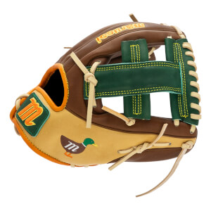 Side view of a brown and tan baseball glove with a mallard duck logo and Marucci text.