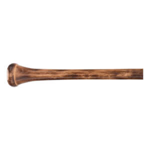 Side view of brown wooden baseball bat handle with a rounded knob and dark, natural wood grain.