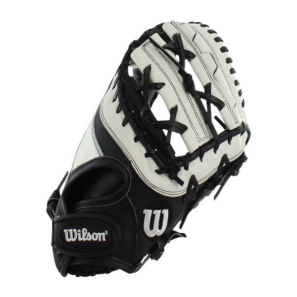 Side view of a black and white Wilson fastpitch first base mitt with black lacing and a white web.