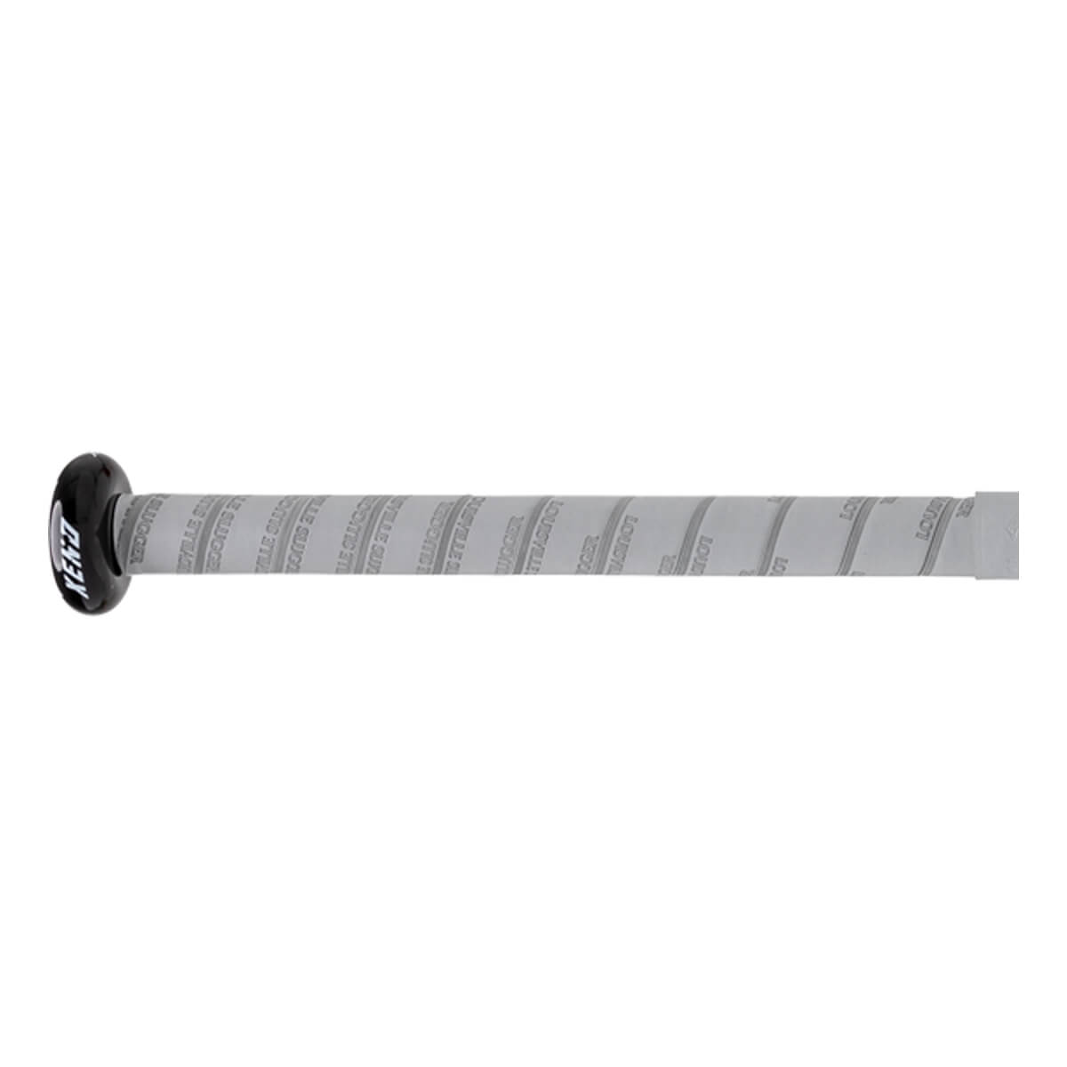 Side view of a light gray fastpitch softball bat with a black handle knob showing XENO and light gray grip tape with LOUISVILLE SLUGGER text.