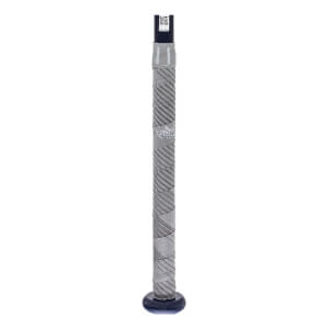 Close-up of a gray fastpitch softball bat grip with diagonal lines and Rawlings branding.