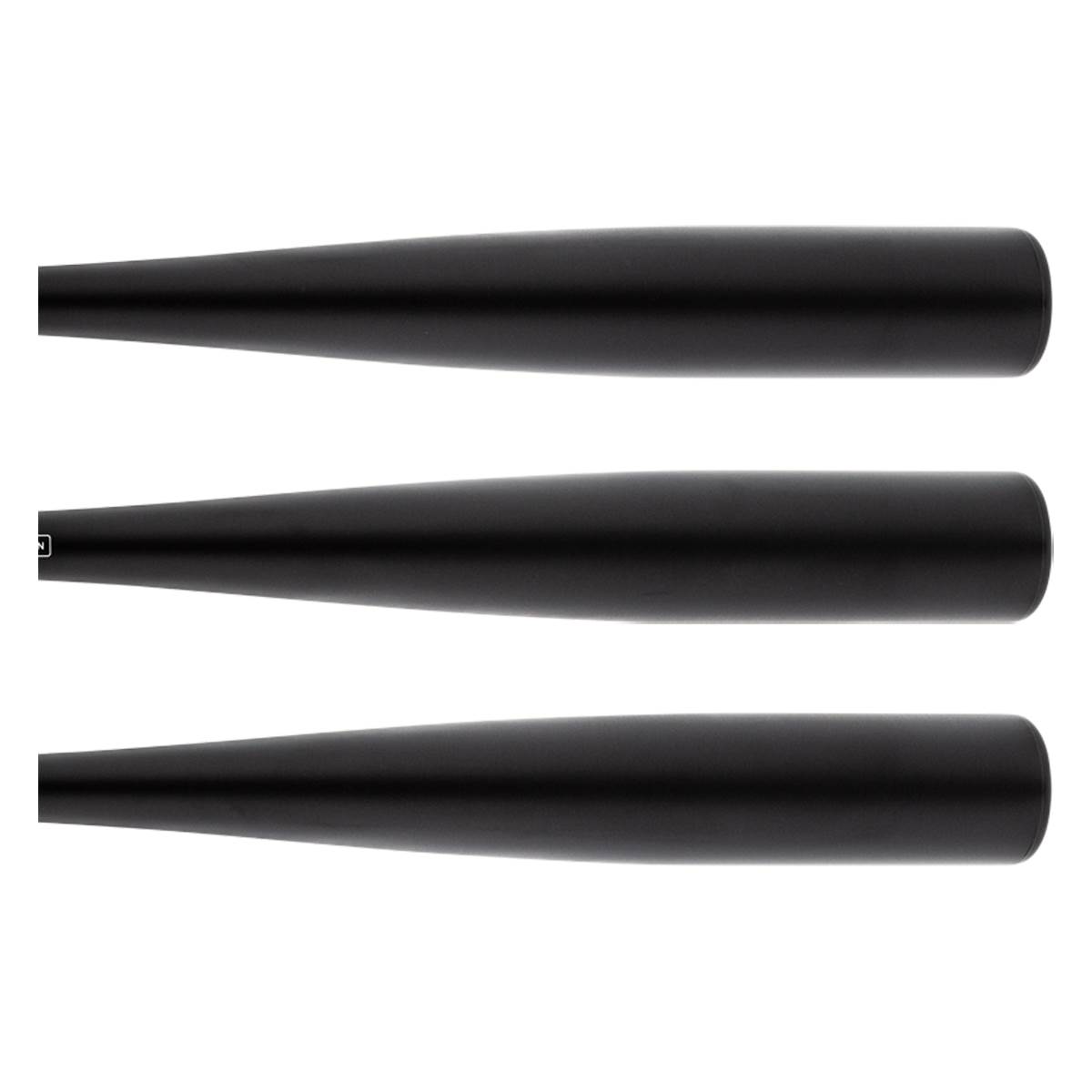 Top-down view of three black baseball bats with smooth barrels.