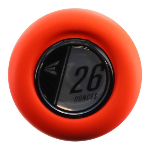 End cap view of an orange softball bat with a black circular insert showing the Easton logo and 26 OUNCES.