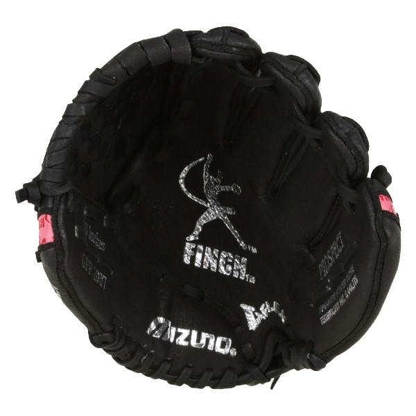 Inside view of a black youth baseball glove with FINCH and Mizuno logos.