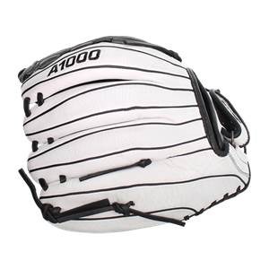 Top-down view of a white softball glove with black pinstripes and A1000 branding.