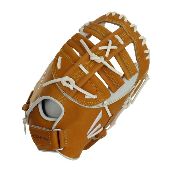 Side view of a tan Easton first base mitt with white lacing and a white palm lining.