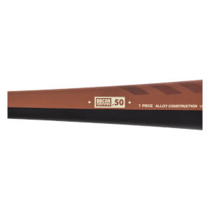 Close-up of the bronze and black baseball bat barrel displaying the BBCOR CERTIFIED .50 stamp and 1 PIECE ALLOY CONSTRUCTION text.