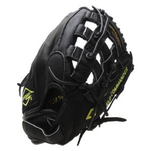 Side view of a black baseball glove with yellow FIELD COMMANDER text and a yellow triangular logo.