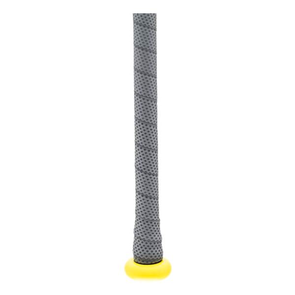 Close-up of a grey baseball bat handle with perforated grip tape and a bright yellow knob.