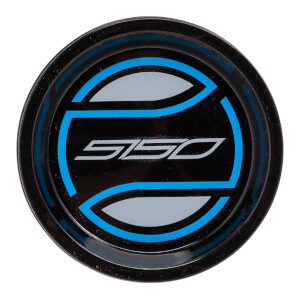Top-down view of a black baseball bat end cap with blue and gray accents and 5150 branding.