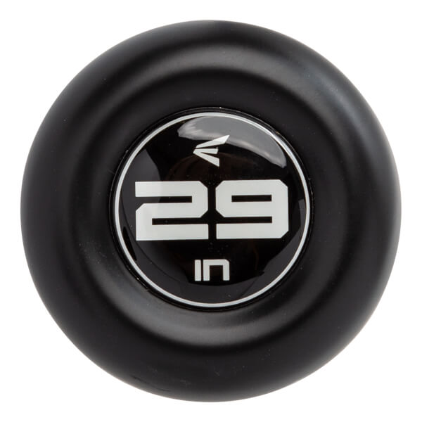 End cap view of a black baseball bat with a white Easton logo and 29 IN text.