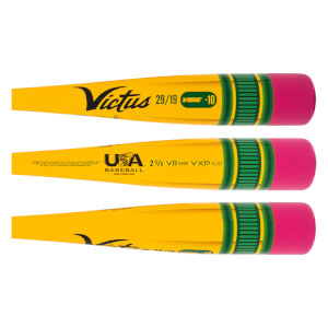 Side view of a yellow baseball bat with a green and pink pencil-end design, Victus, and USA Baseball branding.