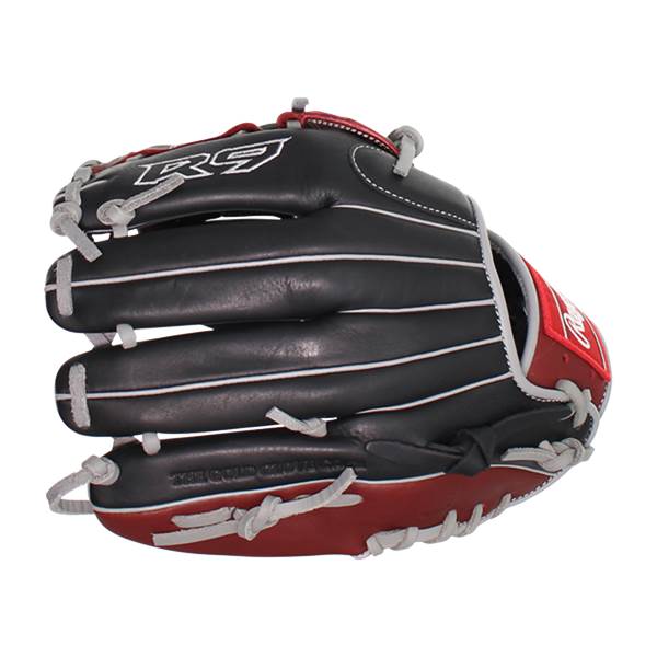 Side view of a black and red baseball glove with white stitching and R9 logo.
