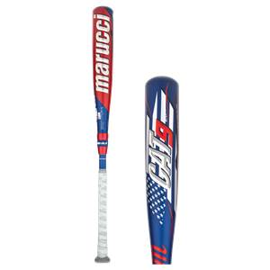 Front view of a red and blue baseball bat with marucci branding and a white grip.