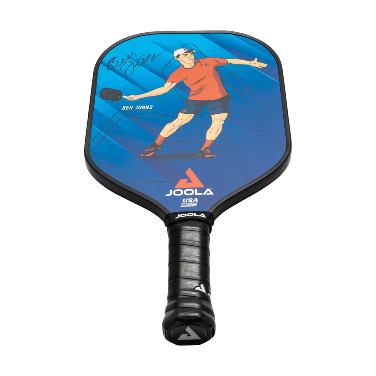 Front view of a blue pickleball paddle with a graphic of Ben Johns, JOOLA USA logo, and black grip.